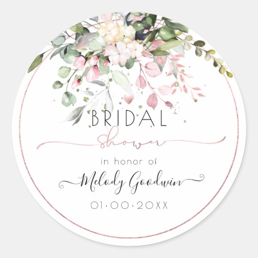 Elegante Waterverf Blush Roze Eucalyptus Bruids- Ronde Sticker (Voorkant)