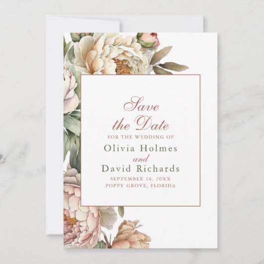 Elegante Waterverf Blush Roze Pioenrozen Bruiloft Save The Date (Voorkant)