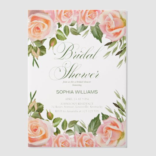 Elegante Waterverf Blush Rozen Vrijgezellenfeest Vellum Uitnodigingen (Voorkant)