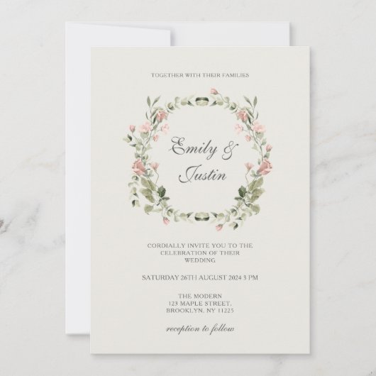 Elegante Waterverf Blush Tuin Roze Rozen Bruiloft Kaart (Voorkant)