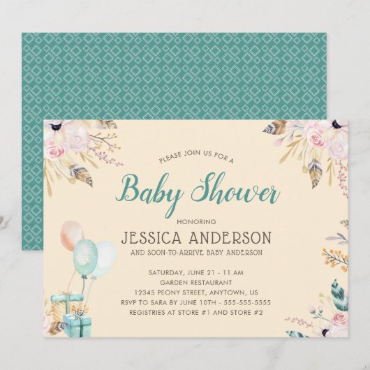 Elegante Waterverf Boho Baby Shower Kaart (Voorkant / Achterkant)