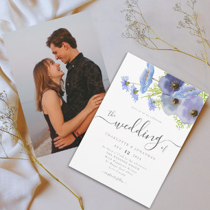 Elegante Waterverf Boho Bloemig Blauw Foto Bruilof Kaart