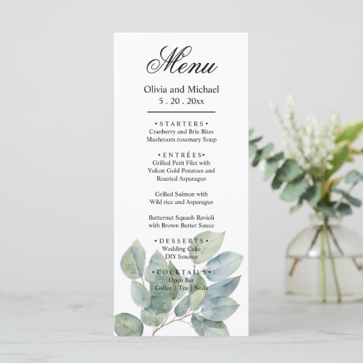 Elegante Waterverf boho groen gebladerte bruiloft Menu (Staand voorkant)