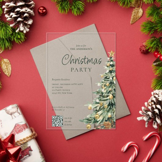 Elegante Waterverf Boom QR Code Kerstfeest Acryl Uitnodigingen (Insity (Feestdagen))