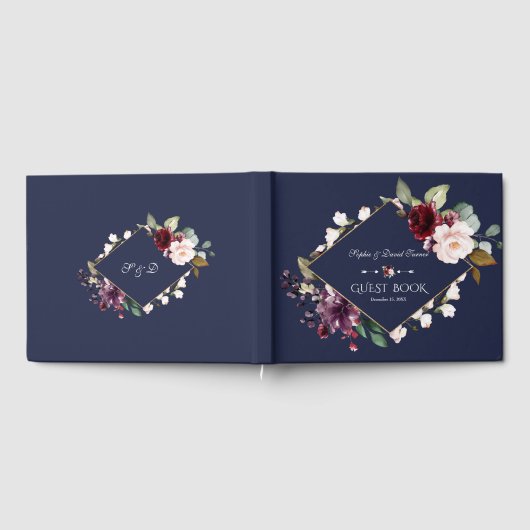 Elegante waterverf bordeauxrode bloemen Navy bruil Gastenboek (Volledig)