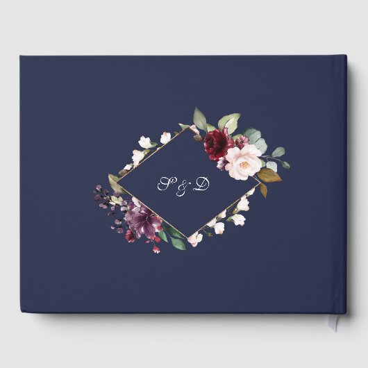 Elegante waterverf bordeauxrode bloemen Navy bruil Gastenboek (Achterkant)