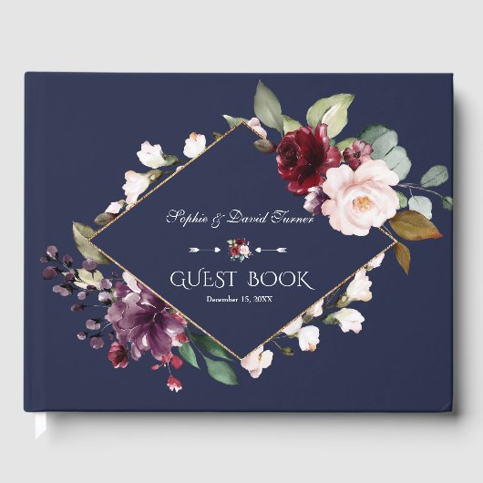 Elegante waterverf bordeauxrode bloemen Navy bruil Gastenboek (Voorkant)