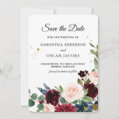 Elegante waterverf bordeauxrode bloemen  save the date (Voorkant)