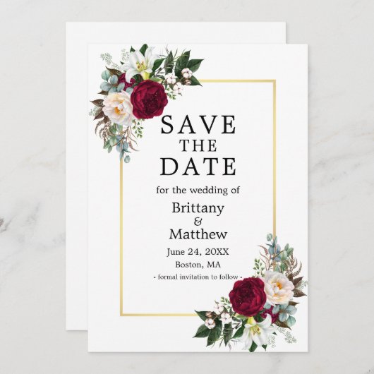 Elegante waterverf bordeauxroze witte bloemen goud save the date (Voorkant / Achterkant)