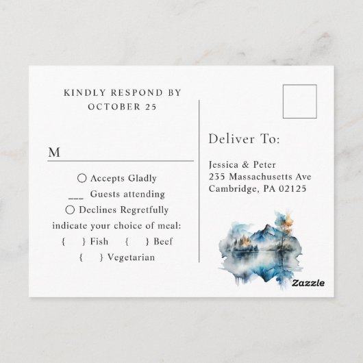 Elegante Waterverf Bosbergen Bruiloft RSVP Briefkaart (Achterkant)