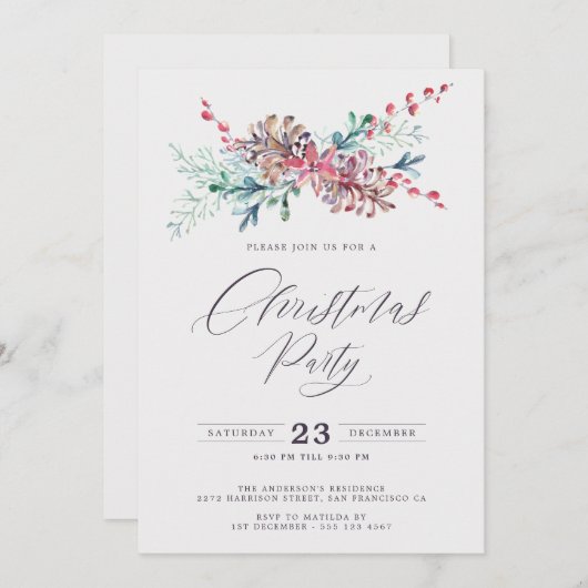 Elegante Waterverf Botanicals Kerstfeest Kaart (Voorkant / Achterkant)