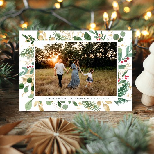 Elegante Waterverf Botanisch Lijst Foto Kerstmis Feestdagenkaart