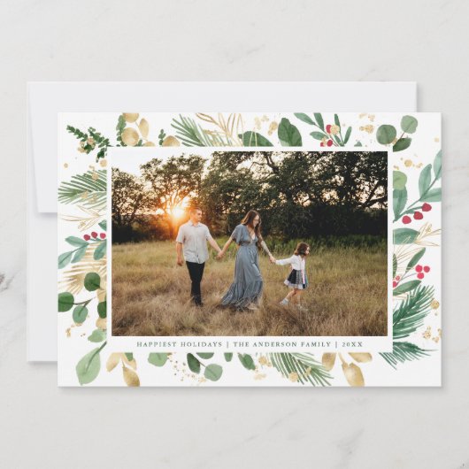 Elegante Waterverf Botanisch Lijst Foto Kerstmis Feestdagenkaart (Voorkant)