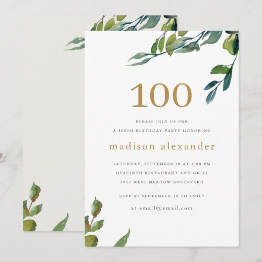 Elegante Waterverf Botanische 100e Verjaardag Kaart (Voorkant / Achterkant)