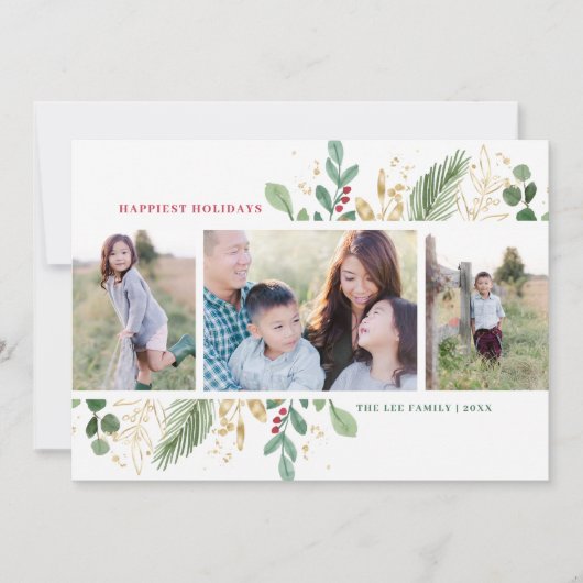 Elegante Waterverf Botanische 3 foto Kerstmis Feestdagenkaart (Voorkant)