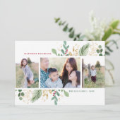 Elegante Waterverf Botanische 3 foto Kerstmis Feestdagenkaart (Staand voorkant)