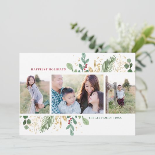 Elegante Waterverf Botanische 3 foto Kerstmis Feestdagenkaart (Staand voorkant)