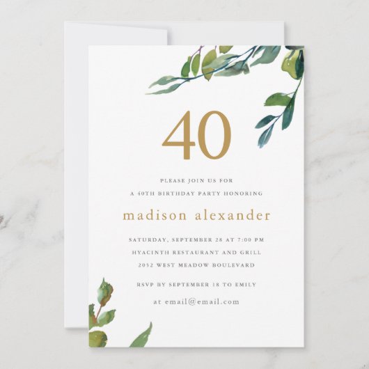 Elegante Waterverf Botanische 40ste verjaardag Kaart (Voorkant)