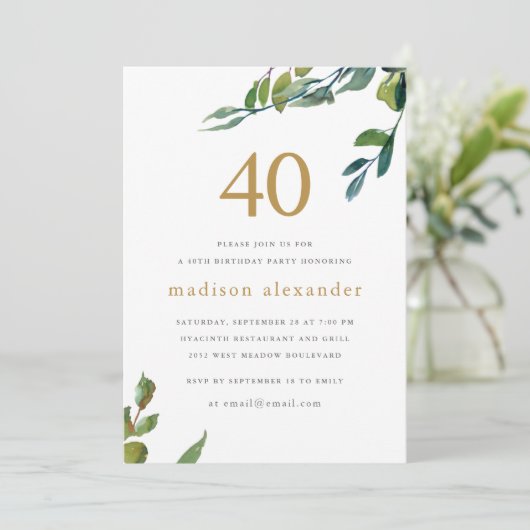 Elegante Waterverf Botanische 40ste verjaardag Kaart (Staand voorkant)