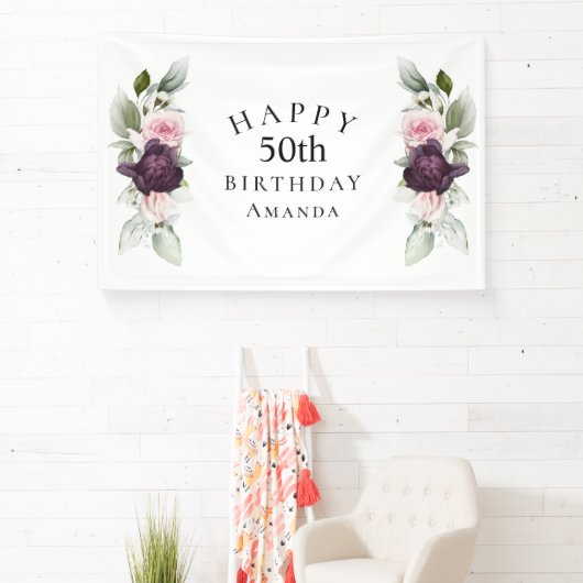 Elegante Waterverf Botanische 50e Verjaardag Spandoek (Insitu)