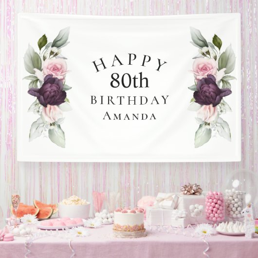 Elegante Waterverf Botanische 80e Verjaardag Spandoek (Feest)