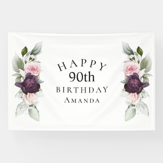 Elegante Waterverf Botanische 90ste Verjaardag Spandoek (Horizontaal)