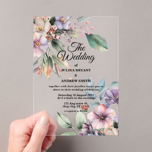Elegante Waterverf botanische bloemenbruiloft Acryl Uitnodigingen (Insitu (Draagbaar))