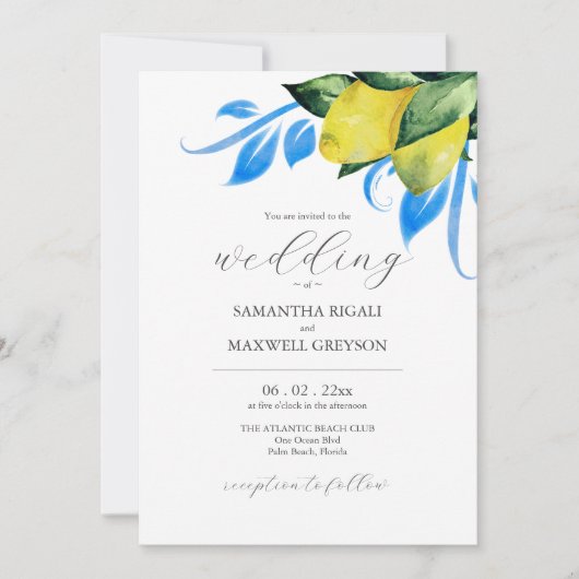 Elegante Waterverf Botanische Citroen Mediterraan Kaart (Voorkant)