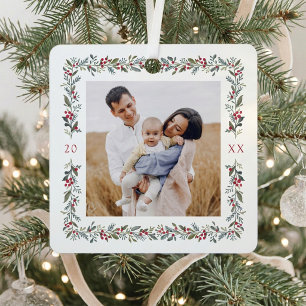 Elegante waterverf botanische lijst kerstfoto metalen ornament