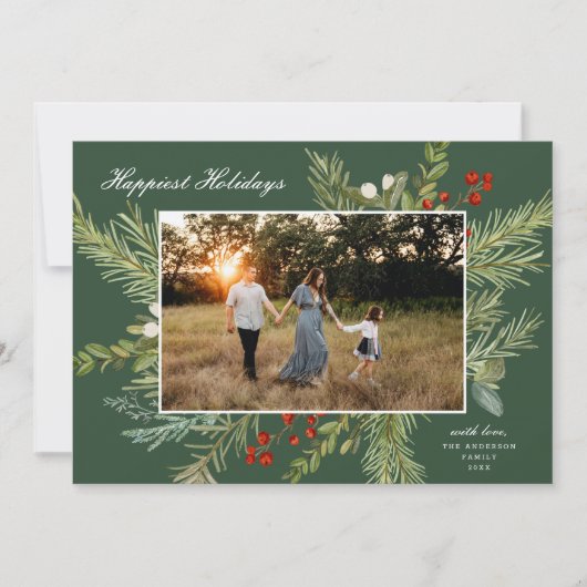 Elegante Waterverf Botanische One Photo Christmas Feestdagenkaart (Voorkant)