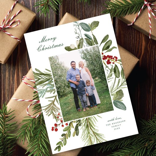 Elegante Waterverf Botanische One Photo Christmas Feestdagenkaart