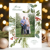 Elegante Waterverf Botanische One Photo Christmas Feestdagenkaart