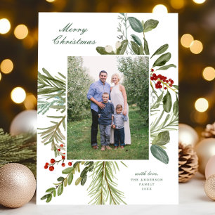 Elegante Waterverf Botanische One Photo Christmas Feestdagenkaart