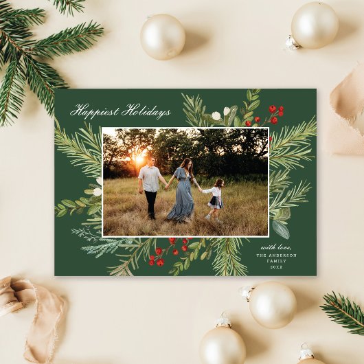 Elegante Waterverf Botanische One Photo Christmas Feestdagenkaart