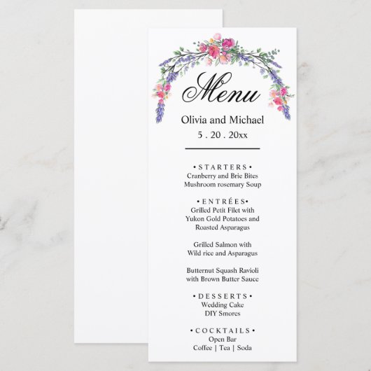 Elegante waterverf botanische roze rozen lavendel menu (Voorkant / Achterkant)