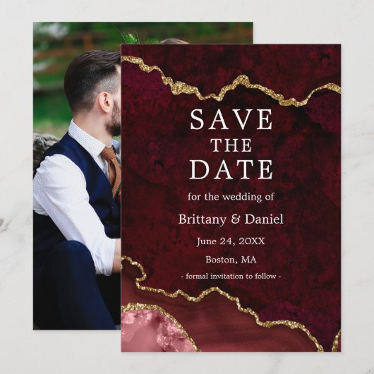 Elegante Waterverf Bourgogne Marble Geode Foto Save The Date (Voorkant / Achterkant)