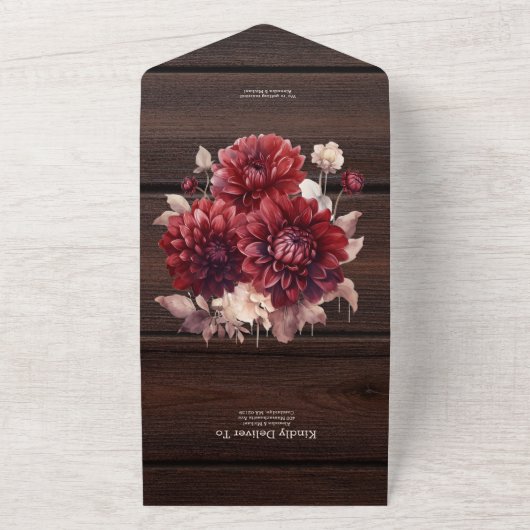 Elegante Waterverf Bourgondië Dahlia bruiloft All In One Uitnodiging (Buitenkant)