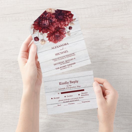 Elegante Waterverf Bourgondië Dahlia bruiloft All In One Uitnodiging (Afscheurbaar)