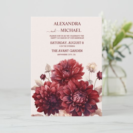 Elegante Waterverf Bourgondië Dahlia bruiloft Kaart (Staand voorkant)