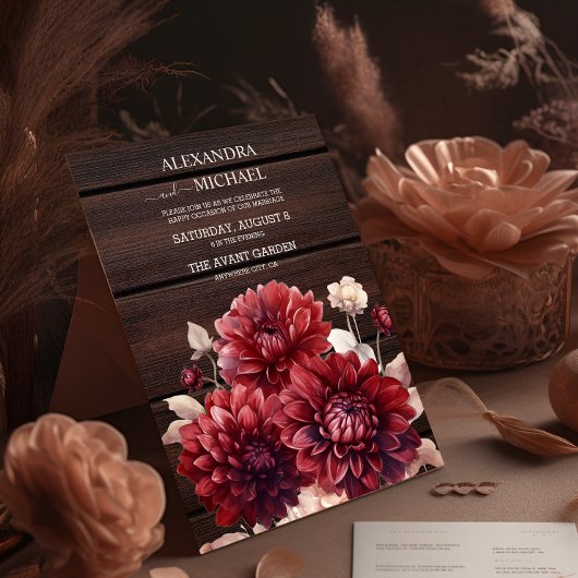 Elegante Waterverf Bourgondië Dahlia bruiloft Kaart