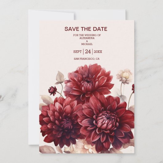 Elegante Waterverf Bourgondië Dahlia bruiloft Save The Date (Voorkant)