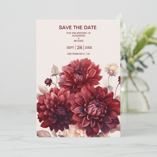 Elegante Waterverf Bourgondië Dahlia bruiloft Save The Date (Staand voorkant)