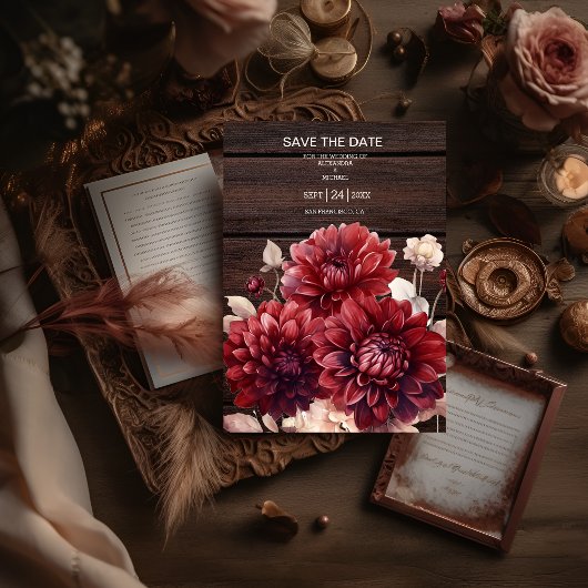 Elegante Waterverf Bourgondië Dahlia bruiloft Save The Date