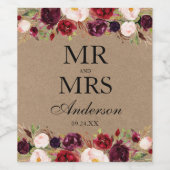 Elegante Waterverf Bourgondische bloemenbruiloft K Wijn Etiket (Enkel label)