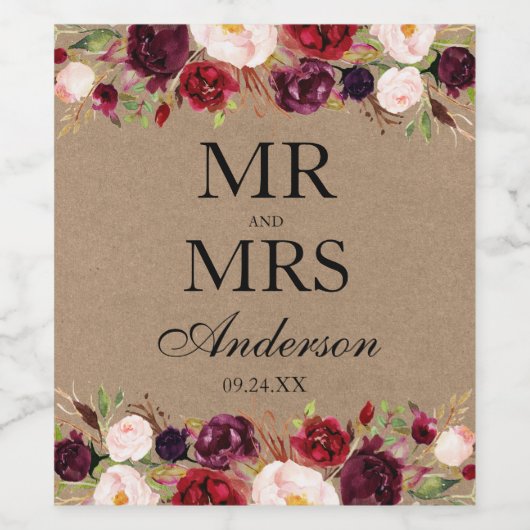 Elegante Waterverf Bourgondische bloemenbruiloft K Wijn Etiket (Enkel label)