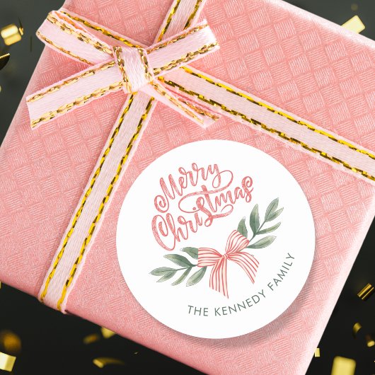 Elegante Waterverf Bow Roze Vrolijk Kerstfeest Ronde Sticker