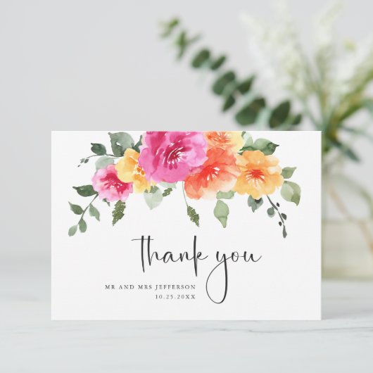 Elegante Waterverf Bright Flower Floral Bruiloft Bedankkaart (Staand voorkant)