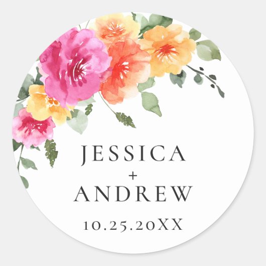Elegante Waterverf Bright Flowers Bruiloft Ronde Sticker (Voorkant)