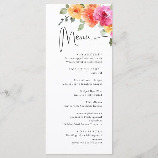 Elegante Waterverf Bright Flowers Trouwdiner Menu (Voorkant)