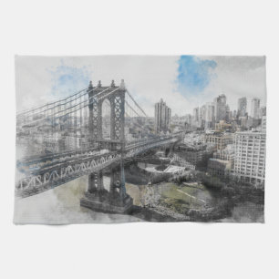 Elegante Waterverf Brooklyn Bridge keukenhanddoeke Theedoek